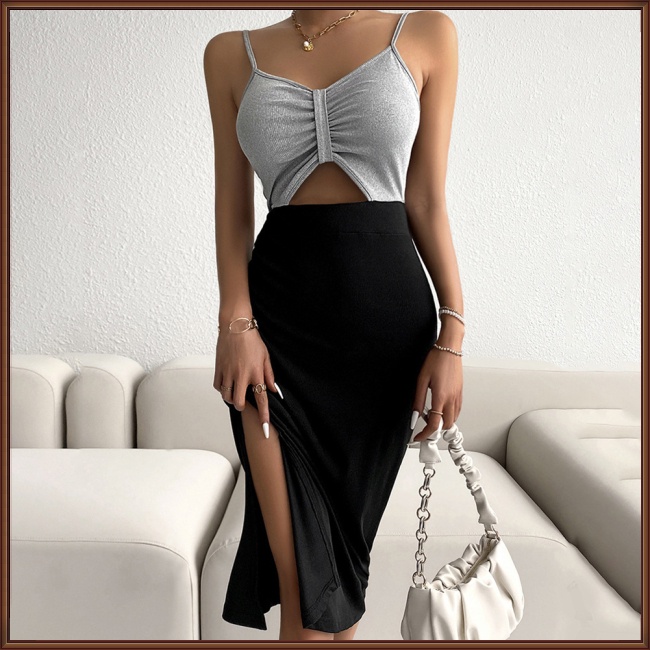 Đầm Lửng Không Tay Cổ Chữ V Lưng Cao Màu Sắc Tương Phản Thời Trang Mùa Hè Dành Cho Nữ