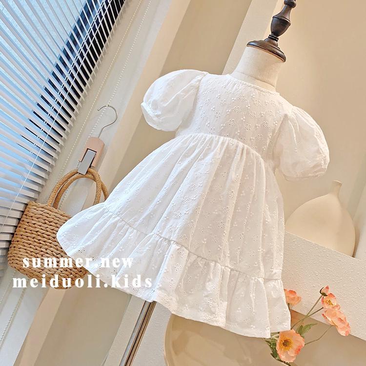 Đầm Công Chúa Chất Cotton Tay Phồng Thêu Họa Tiết Thời Trang Mùa Hè Xinh Xắn Cho Bé Gái