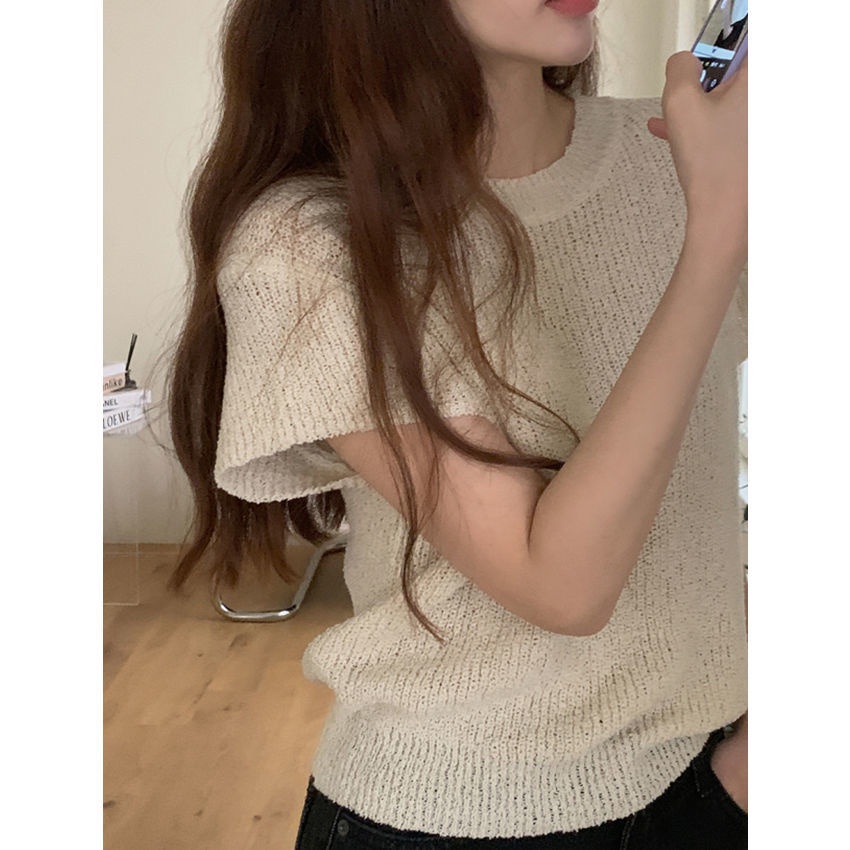 Bộ Áo Dệt Kim + Váy Yếm Denim Lưng Cao Thời Trang Mùa Hè Hàng Mới 2023 Dành Cho Bạn Nữ