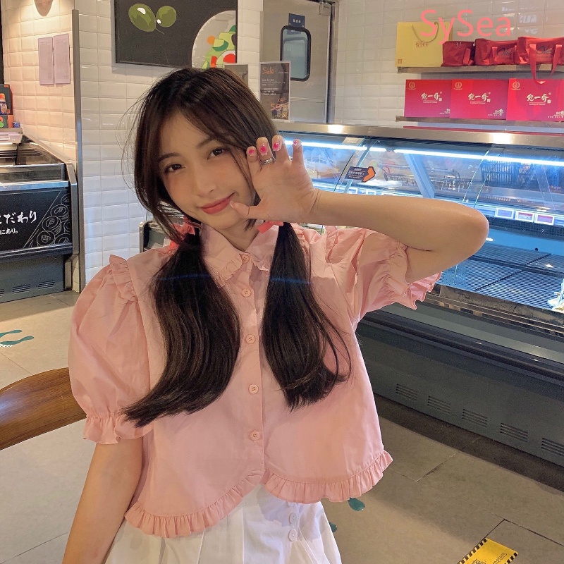 Áo Kiểu Eo Cao Phối Bèo Nhún Phong Cách Pháp Nữ Tính