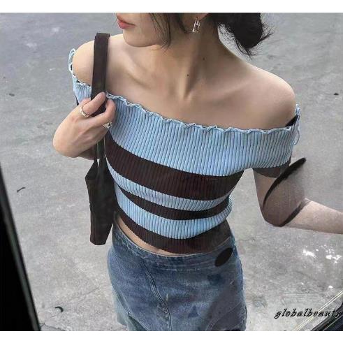 Áo Croptop Dệt Kim Trễ Vai Tay Ngắn Họa Tiết Kẻ Sọc Thời Trang Mùa Hè Cho Nữ