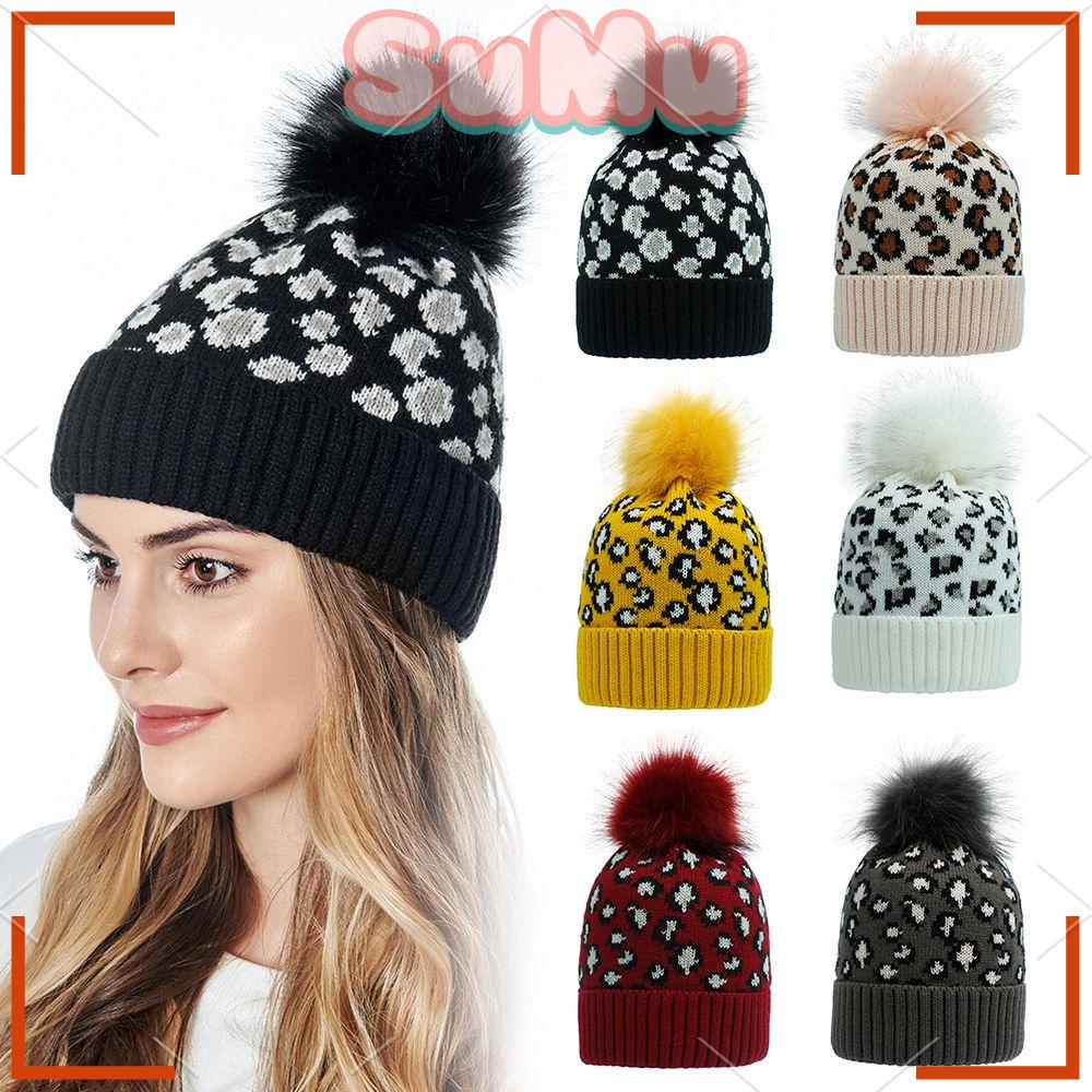 SUMU Mũ Len Họa Tiết Da Báo Đính Banh Lông Cho Nữ
