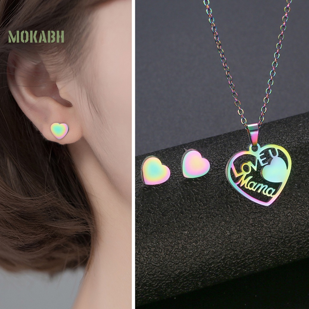 Bộ 2 Vòng cổ + Bông Tai Hình Trái Tim Màu Cầu Vồng Thời Trang Cho Nữ