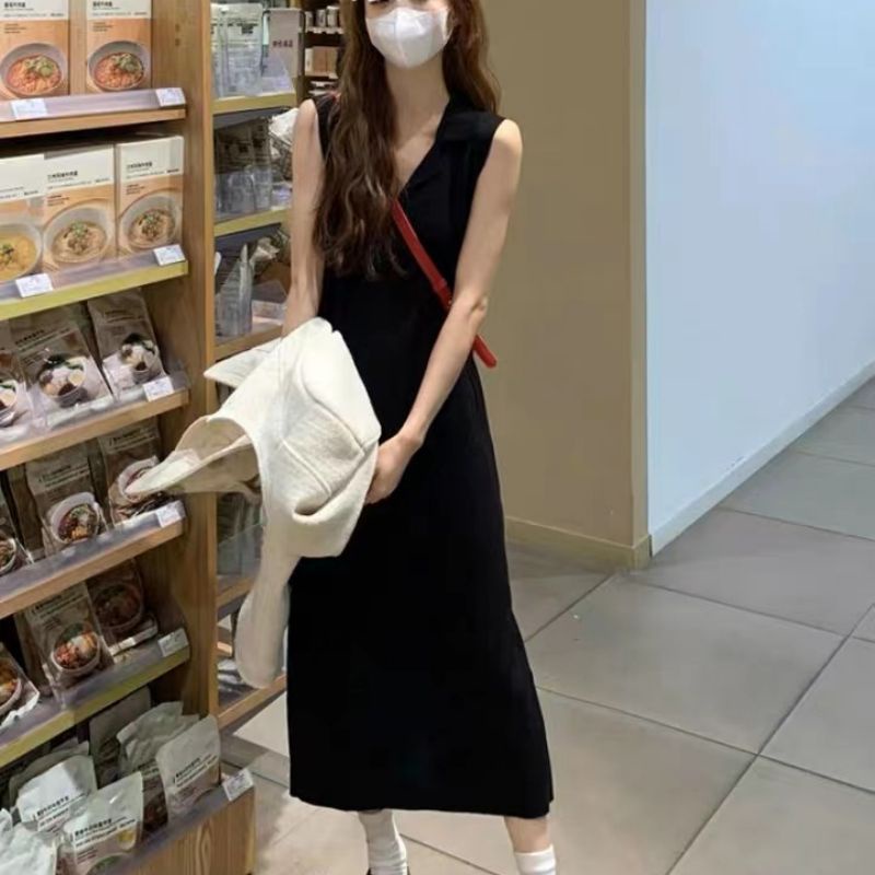 Đầm Dài Dệt Kim Không Tay Màu Trơn Phong Cách Hàn Quốc Cho Nữ