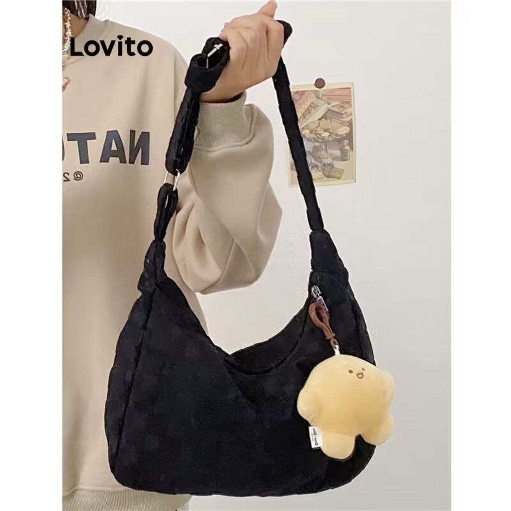 Lovito Túi tote đeo vai có khóa kéo kẻ caro thông thường cho nữ LNA09118 (Tắt Trắng/Xanh dương/Đen)