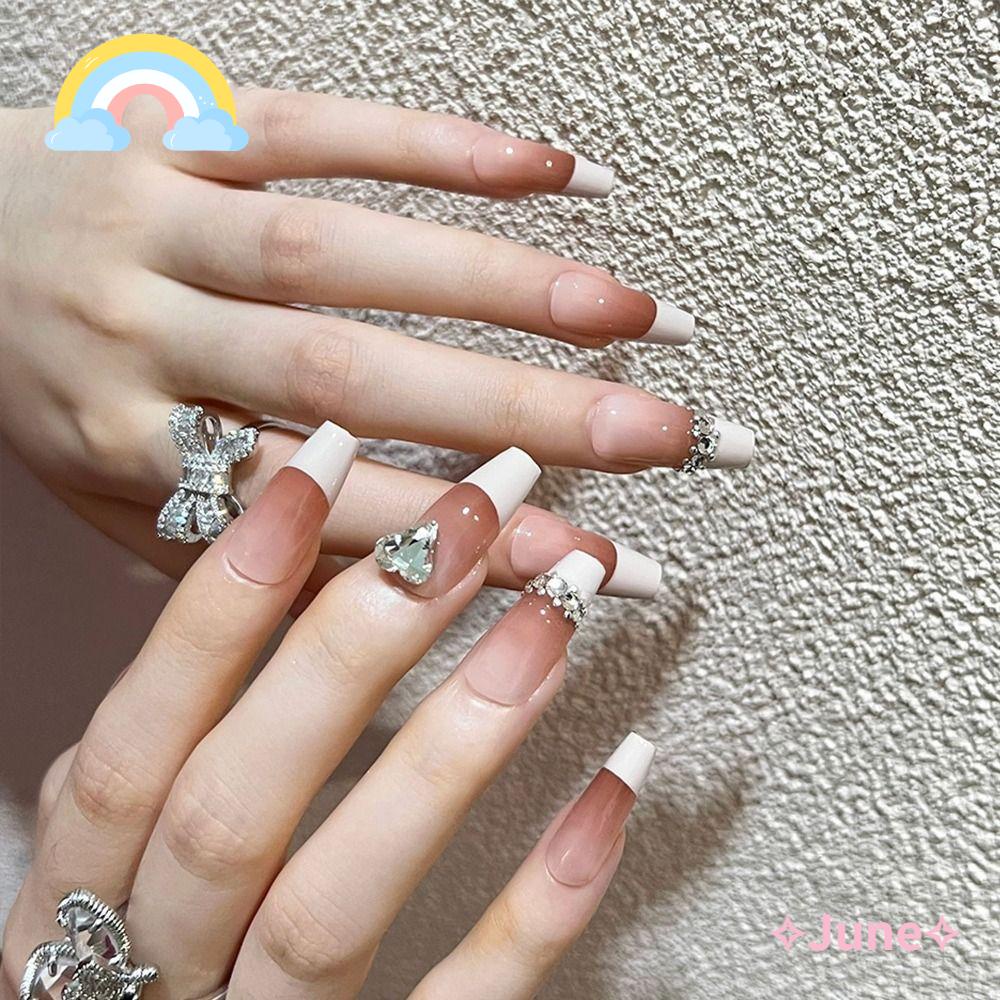 JUNE Bộ 24 Móng Tay Giả Màu Đen Họa Tiết Trái Tim Gợn Sóng