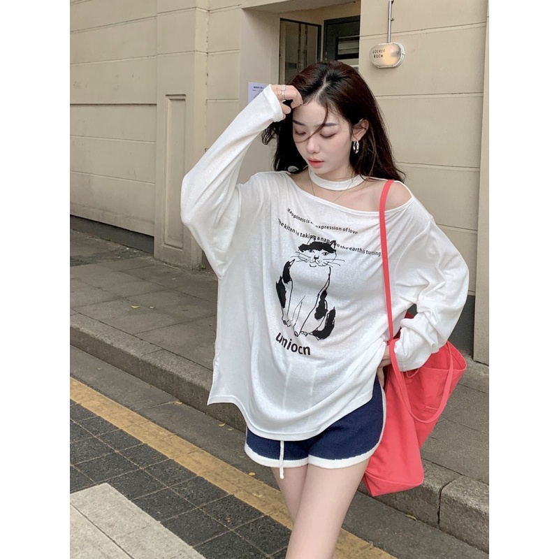 Áo Thun Tay Dài Dáng Rộng Trễ Vai In Họa Tiết Thời Trang Mùa Hè Mới Trẻ Trung Cho Nữ