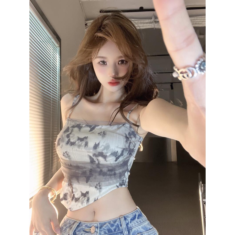 Áo Lửng Hai Dây Ôm Dáng Phối Lưới Màu Trơn Gợi Cảm Cho Nữ