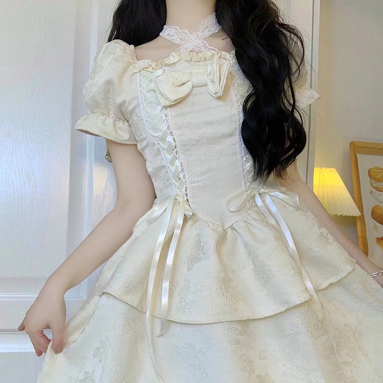 Đầm Công Chúa Mori Dáng Ngắn Tay Phồng Đính Nơ Kiểu Pháp Dễ Thương