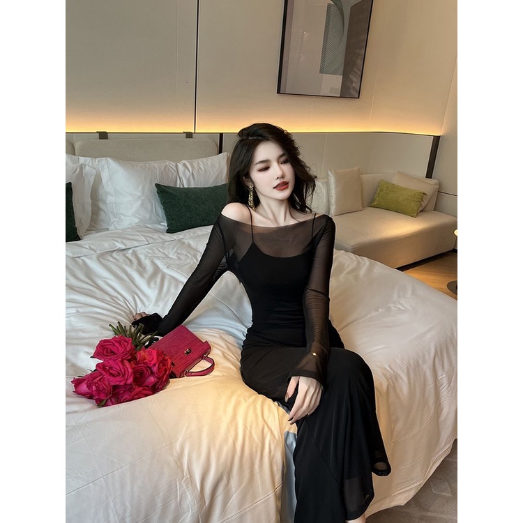 Set Đầm Hai Dây Phối Lưới Màu Tím Phong Cách Pháp Thời Trang Thu Đông Cho Nữ