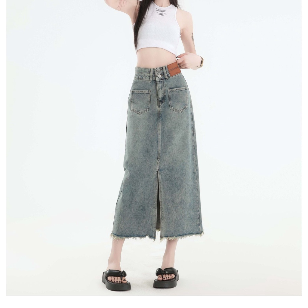 Chân Váy Jean Chữ a Lưng Cao Xẻ Tà Thời Trang Mùa Hè Phong Cách Mới Cho Nữ