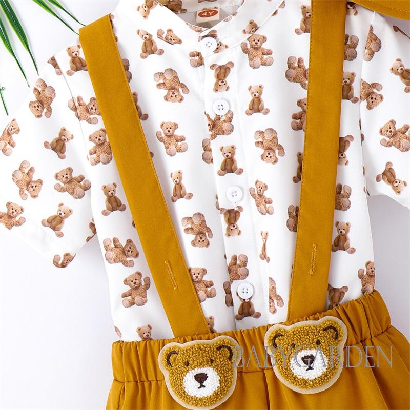 Set Đồ Mùa Hè 3 Món Gồm Áo Sơ Mi Tay Cộc Cài Nút + Quần Yếm + Nón Quý Ông Cho Bé Trai / 3-7 Tuổi