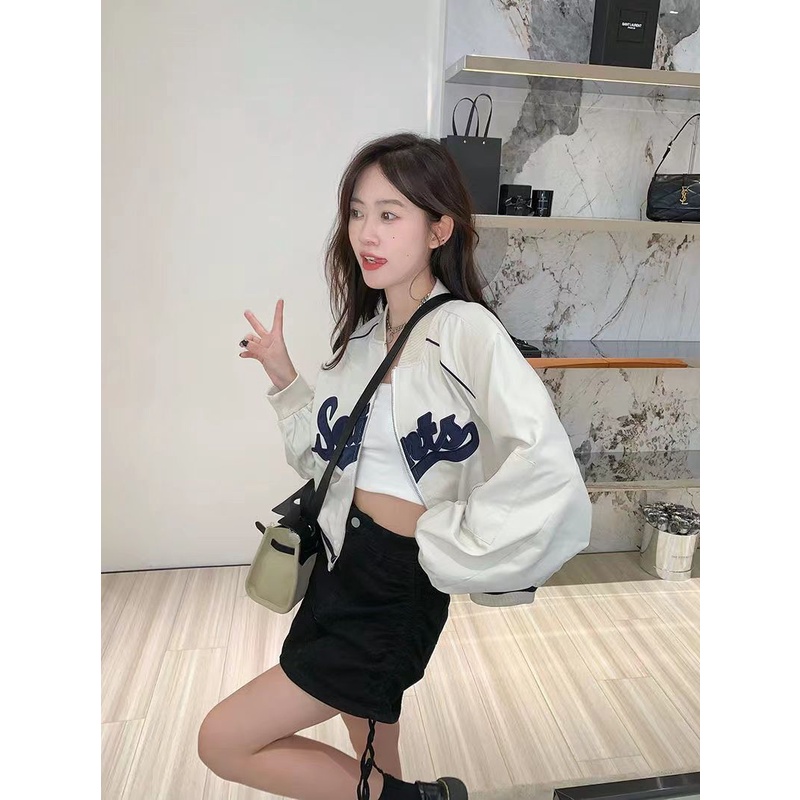 Áo Khoác Bóng Chày Cổ Đứng Dáng Rộng Thêu Chữ Thời Trang Xuân Thu Cho Nữ