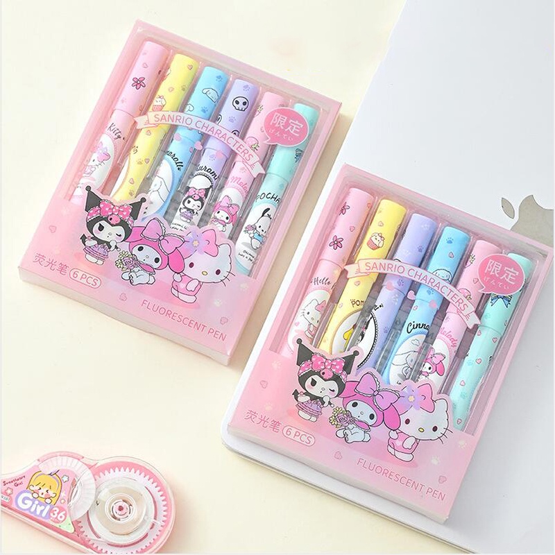 Set 6 Bút Đánh Dấu Họa Tiết Sanrio mymelody Kuromi Cinnamoroll Pom Pom Purin Pochacco Dễ Thương Dành Cho Học Sinh / Văn Phòng