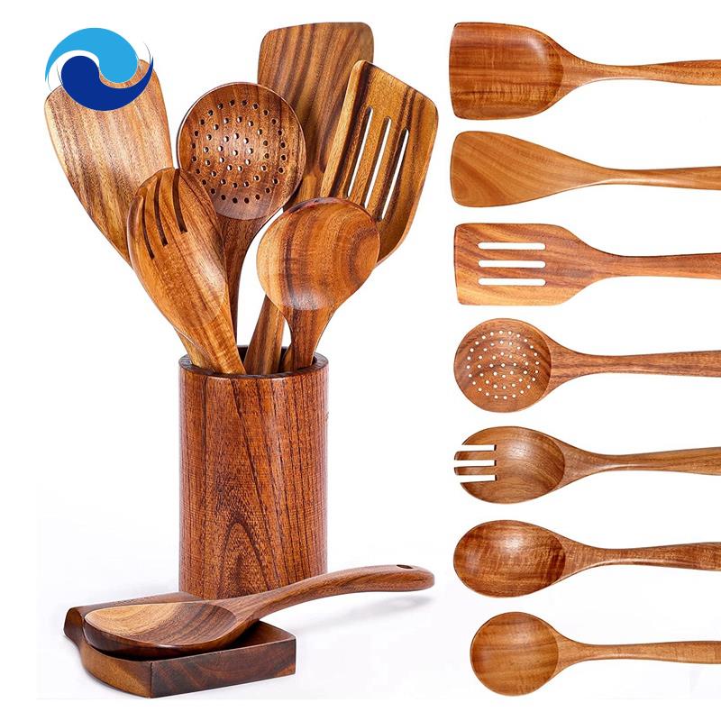 Bộ 9 Muỗng Gỗ Kèm Giá Đỡ Tiện Dụng Cho Nhà Bếp