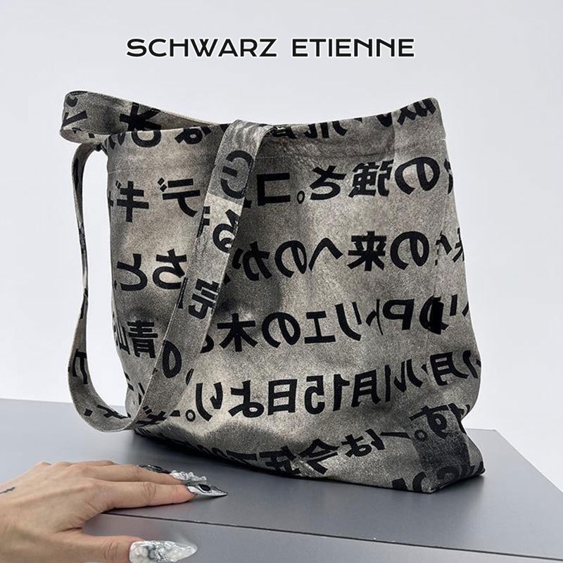 OFF-WHITE Schwarz ETIENNE Meiya Túi Xách Tote Bằng Vải Bạt In Chữ Nửa Mặt Sức Chứa Lớn Thời Trang Đường Phố