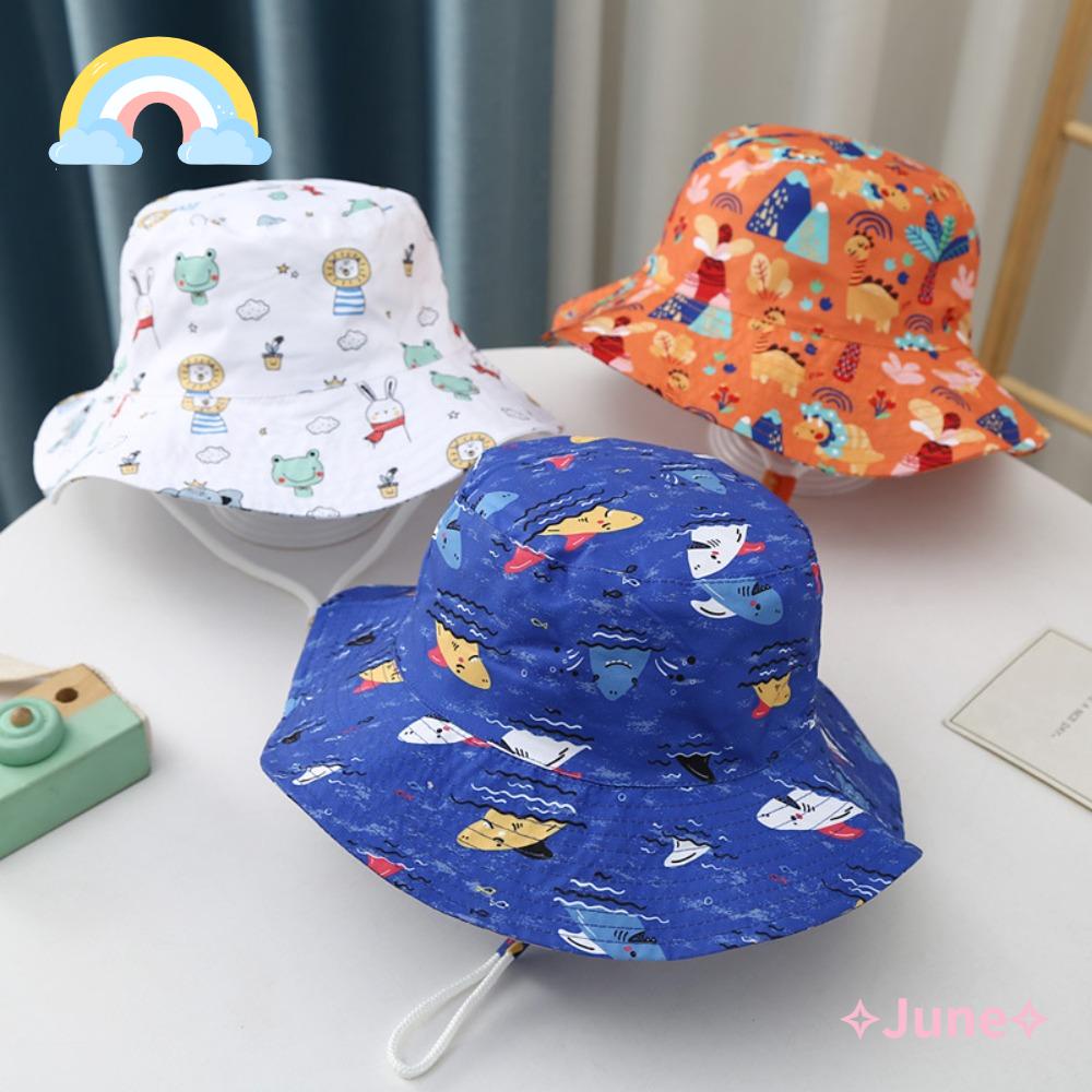JUNE Mũ Bucket Chống Nắng Chất Liệu Cotton In Họa Tiết Hoạt Hình Xinh Xắn Cho Bé 2-4 Tuổi