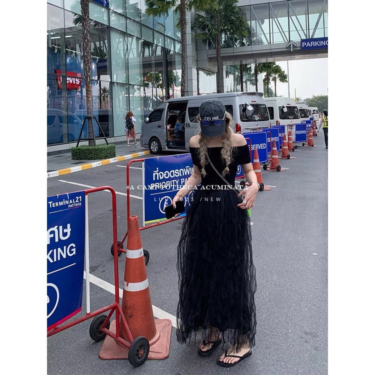 Đầm maxi đen trễ vai phối voan lưới 💖 KÈM ẢNH THẬT