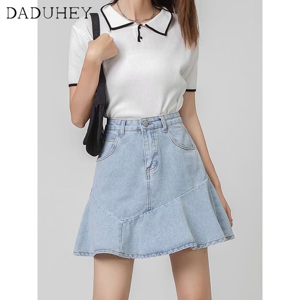 Chân váy denim DADUHEY lưng cao dáng chữ A màu sáng thời trang phong cách Hàn Quốc cho nữ