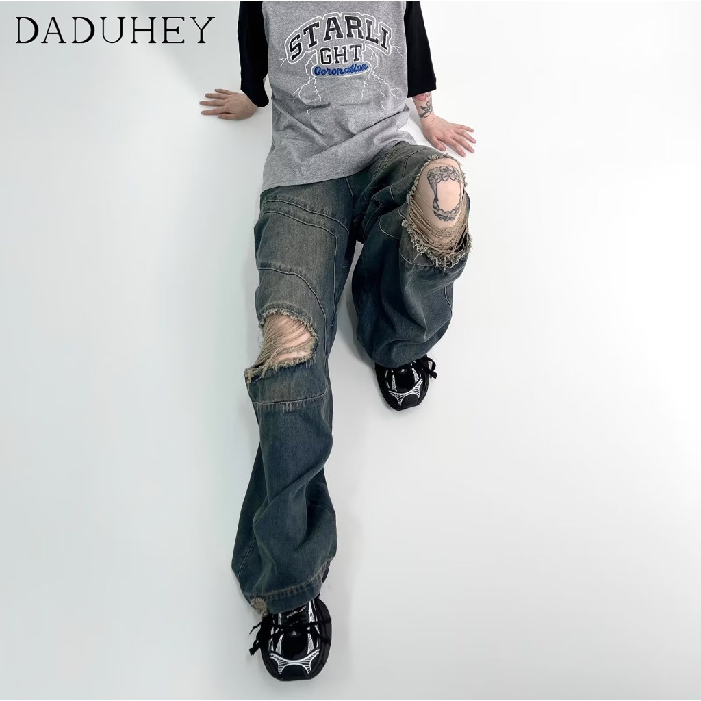 DaDuHey Men's and Women's 2023 High Street New Washed Distressed Straight Ripped Jeans