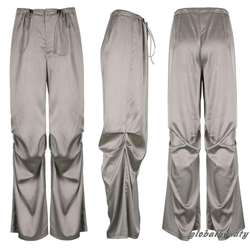 Quần Dài Satin Ống Rộng Lưng Thấp Màu Sắc Đơn Giản Thời Trang Mùa Hè Cho Nữ