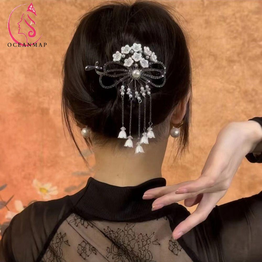 OCEANMAP Giá Đỡ Kẹp Tóc Đuôi Ngựa Bằng Hợp Kim Đính Đá Phối Tua Rua Phong Cách Trung Hoa Cho Nữ