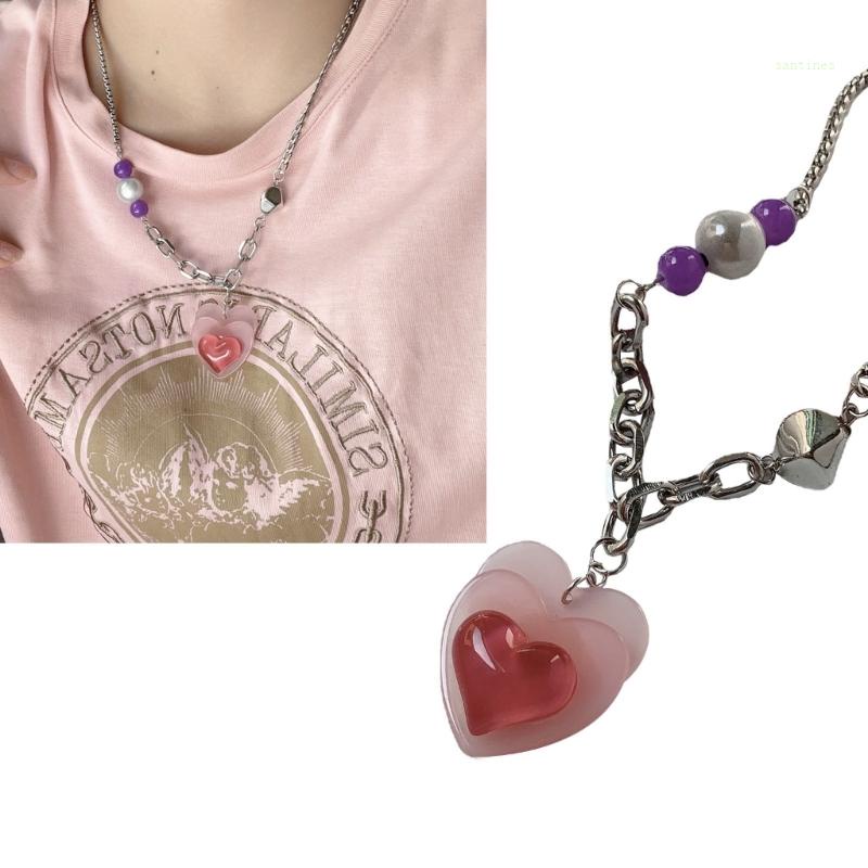 Vòng Cổ Choker Bằng Hợp Kim Mặt Trái Tim Màu Gradient Thời Trang