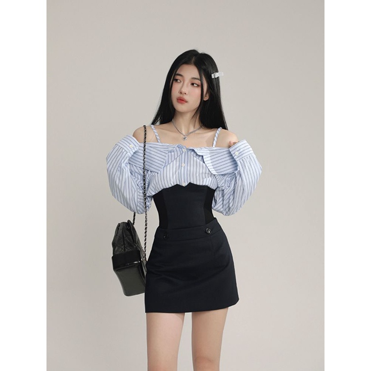 Set Áo Sơ Mi Kẻ Sọc Xanh Dương + Chân Váy Điều Chỉnh Màu Sáng Phong Cách Thường Ngày Mới Cho Nữ