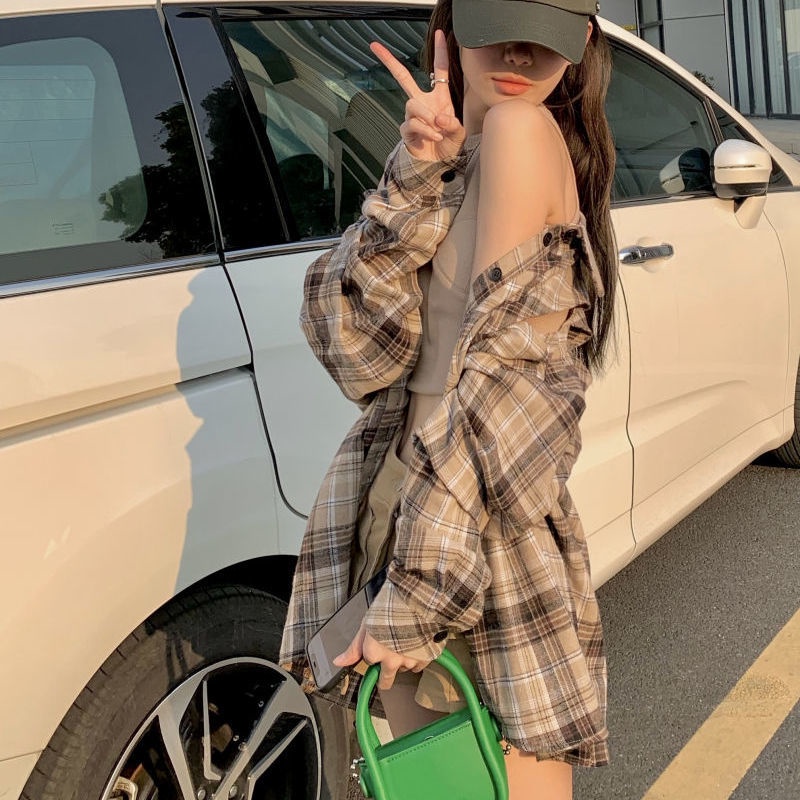 Áo Sơ Mi Nữ Dáng Rộng Hở Vai Họa Tiết Caro Phong Cách Hàn Quốc Dễ Phối Đồ