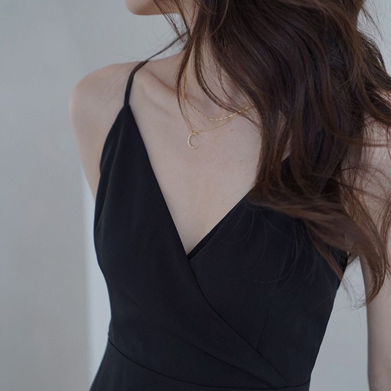 Đầm Đen Cổ Chữ v Hở Lưng Phong Cách retro Thời Trang Cho Nữ