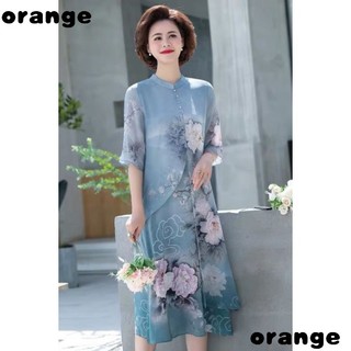 Đầm Chiffon Dài Qua Gối In Họa Tiết Thời Trang Cho Phụ Nữ Trung Niên