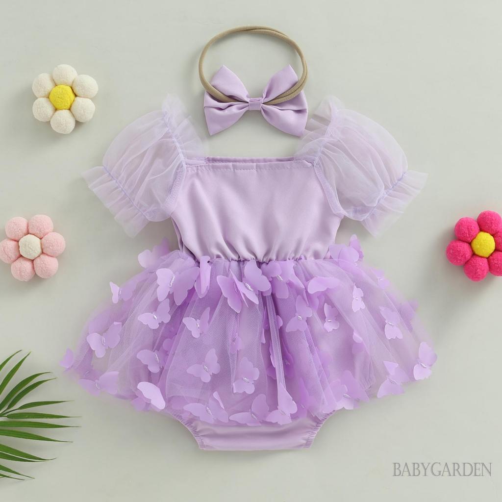 Bộ Áo Liền Quần Tay Phồng In Họa Tiết Bươm Bướm Kèm Băng Đô Dành Cho Bé Gái