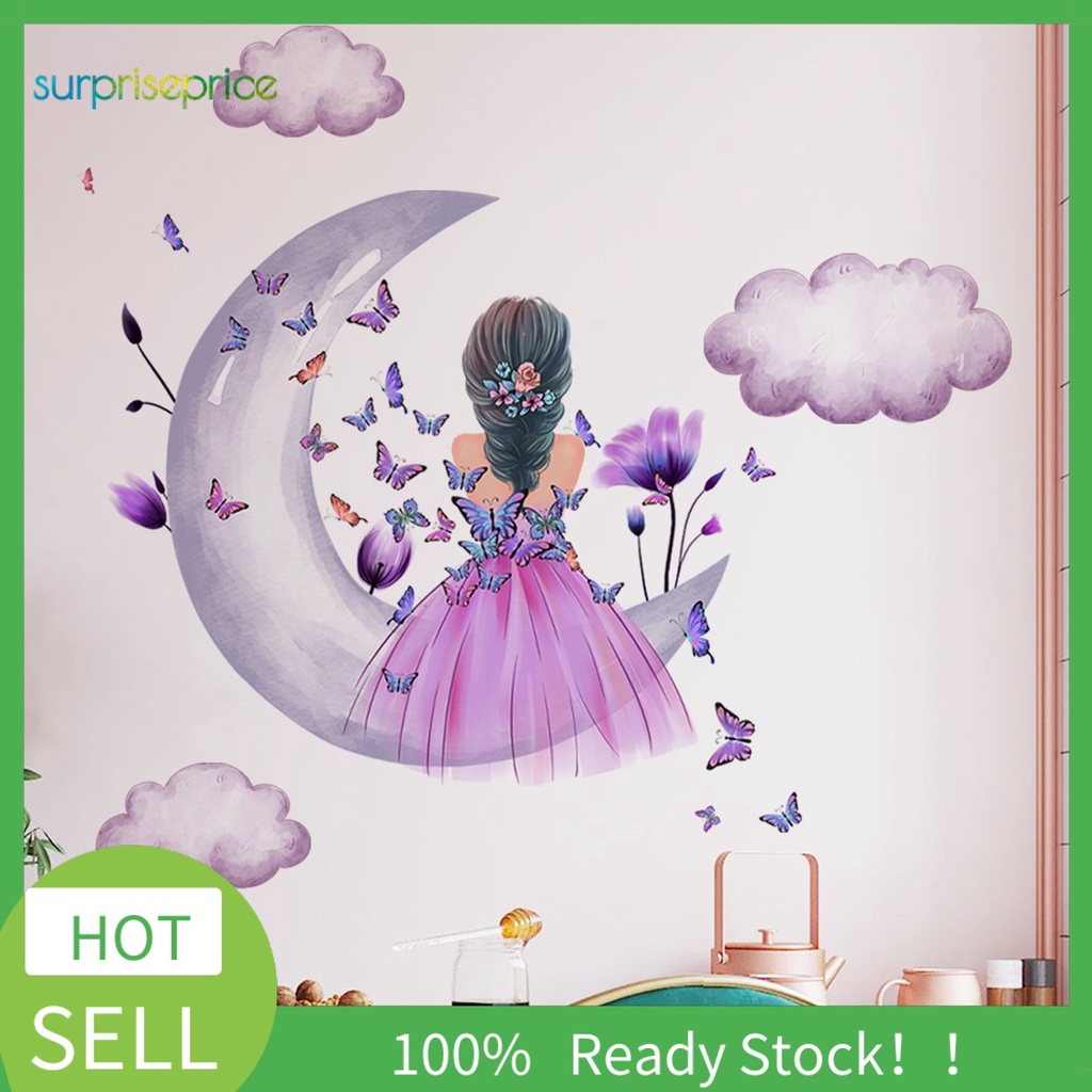 Set 2 Miếng Dán Tường Trang Trí Hình Cô Gái Và Bướm / Đám Mây / Mặt Trăng Tự Dính Tháo Rời Được