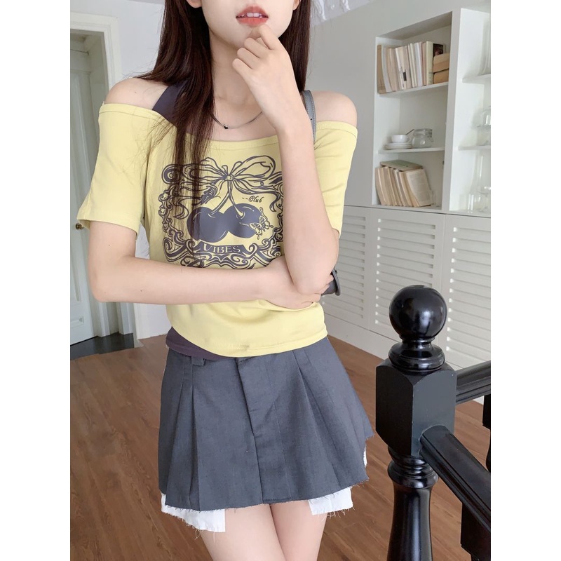 Áo Thun Ngắn Tay Giả Hai Lớp Màu Sắc Tương Phản Phong Cách Retro Dành Cho Nữ