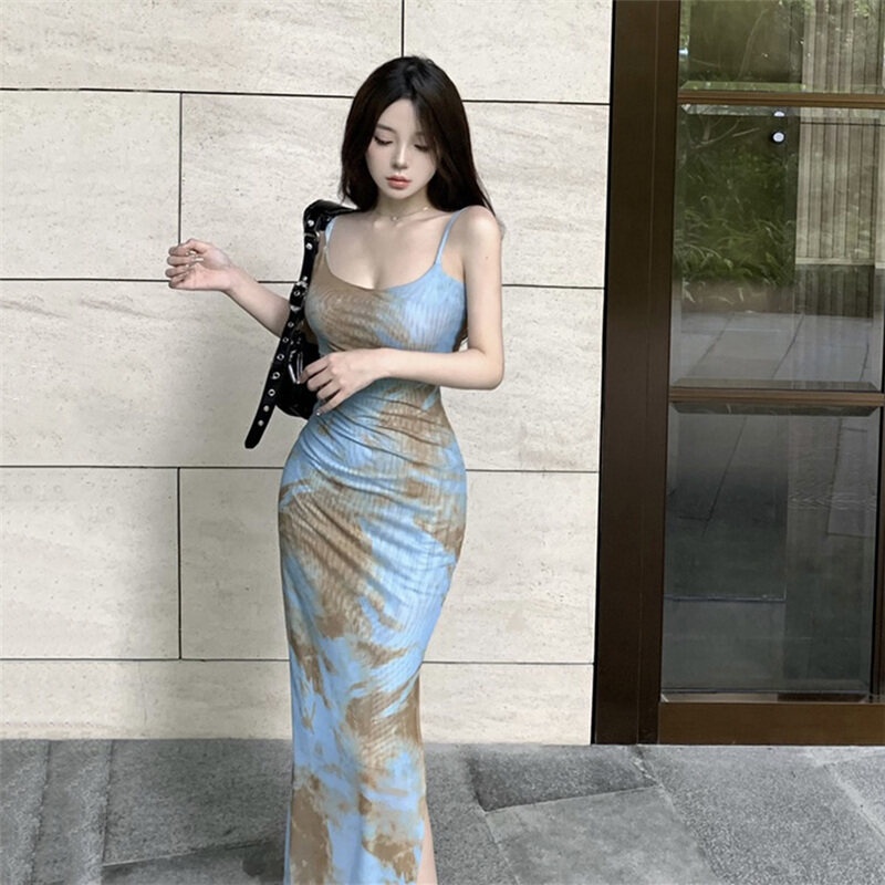 Klalien Đầm Maxi Hai Dây Ôm Dáng Xẻ Tà Họa Tiết Màu Nhuộm Phong Cách Vintage Thanh Lịch Thời Trang Cho Nữ