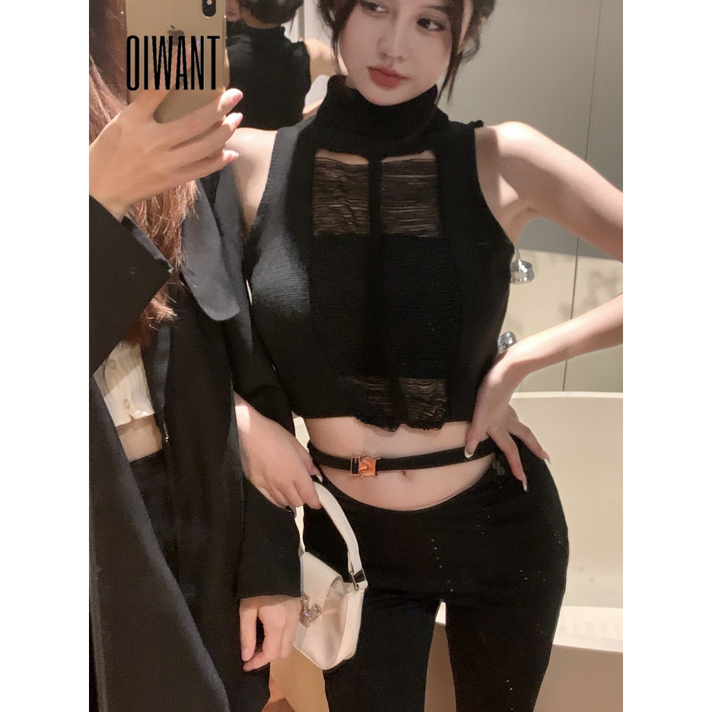 Áo Dệt Kim Sát Nách Dáng Ngắn Cổ Cao Màu Trơn Thời Trang 2023 Cho Nữ