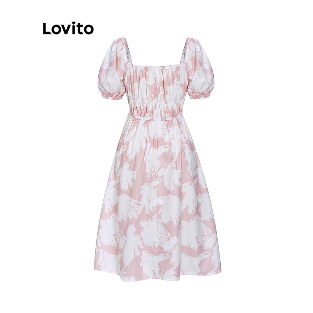 Đầm midi Lovito dáng chữ A tay ngắn xếp nếp họa tiết hoa phong cách thường ngày cho nữ LNE07128