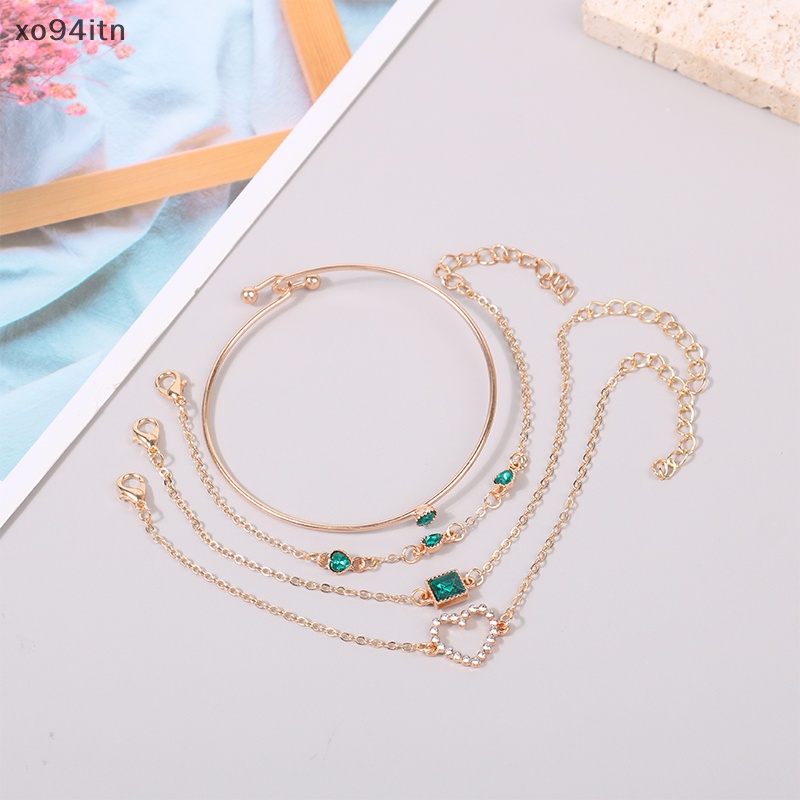 Bộ 4 Vòng Tay Đính Đá Màu Xanh Lá Thời Trang Cho Nữ