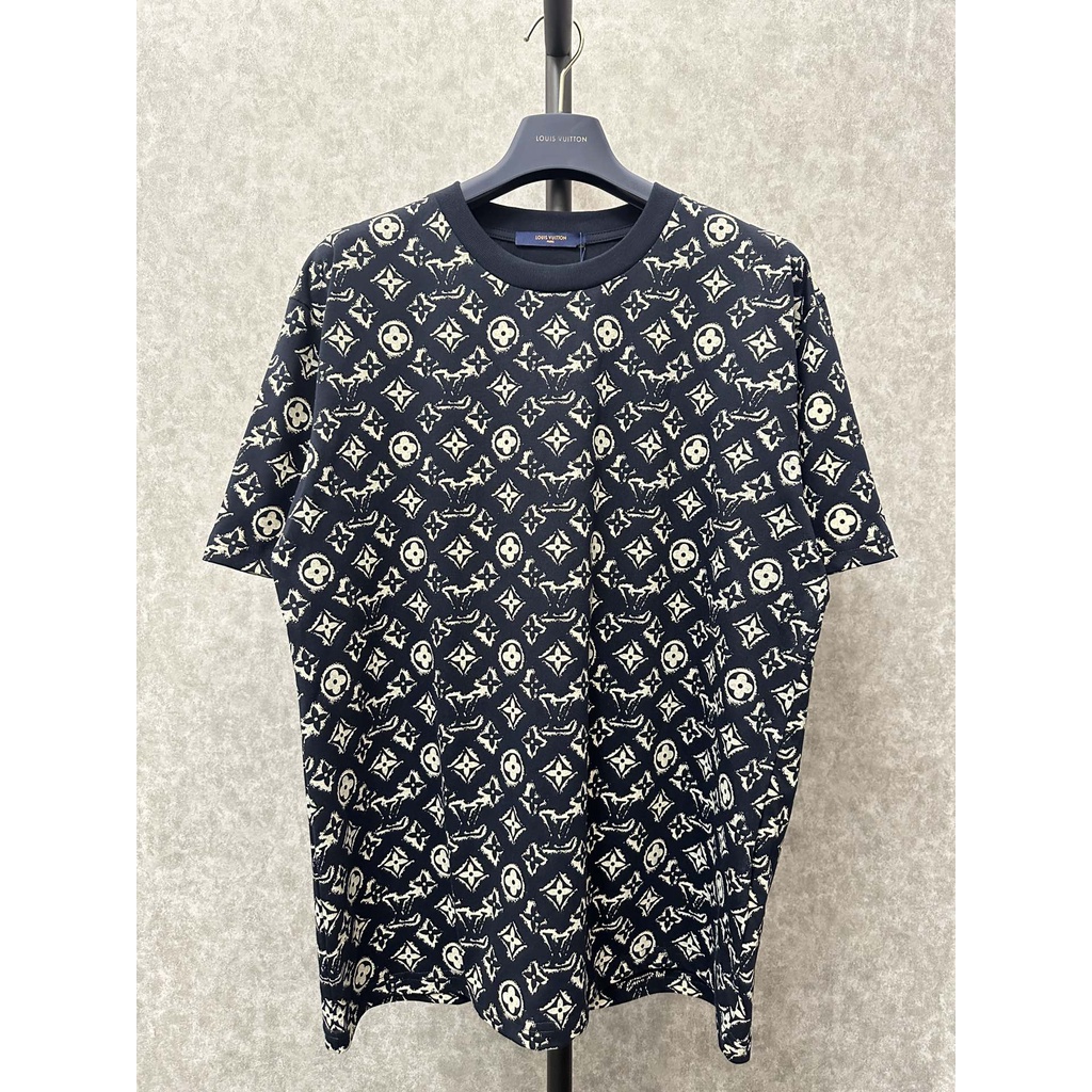 Áo Thun Thể Thao 1V Monogram 23ss Bằng Cotton Màu Xanh Navy Thiết Kế Sang Trọng Phong Cách Đường Phố Cho Nam Và Nữ
