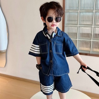 Bộ Áo Sơ Mi Tay Ngắn Và Quần Đùi Denim Họa Tiết Kẻ Sọc Thời Trang Mùa Hè Phong Cách Hàn Quốc Cho Bé Trai