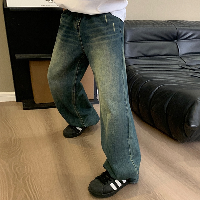 Hàng Mới Về Mới Quần Jean Ống Rộng Màu Xanh Dương Đậm Phong Cách Retro Đường Phố Mỹ Cho Nam Và Nữ