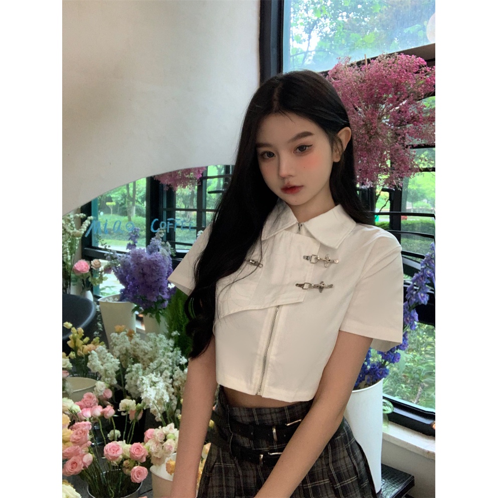 Áo Sơ Mi Tay Ngắn Phối Nút Kim Loại Phong Cách Retro Dành Cho Nữ
