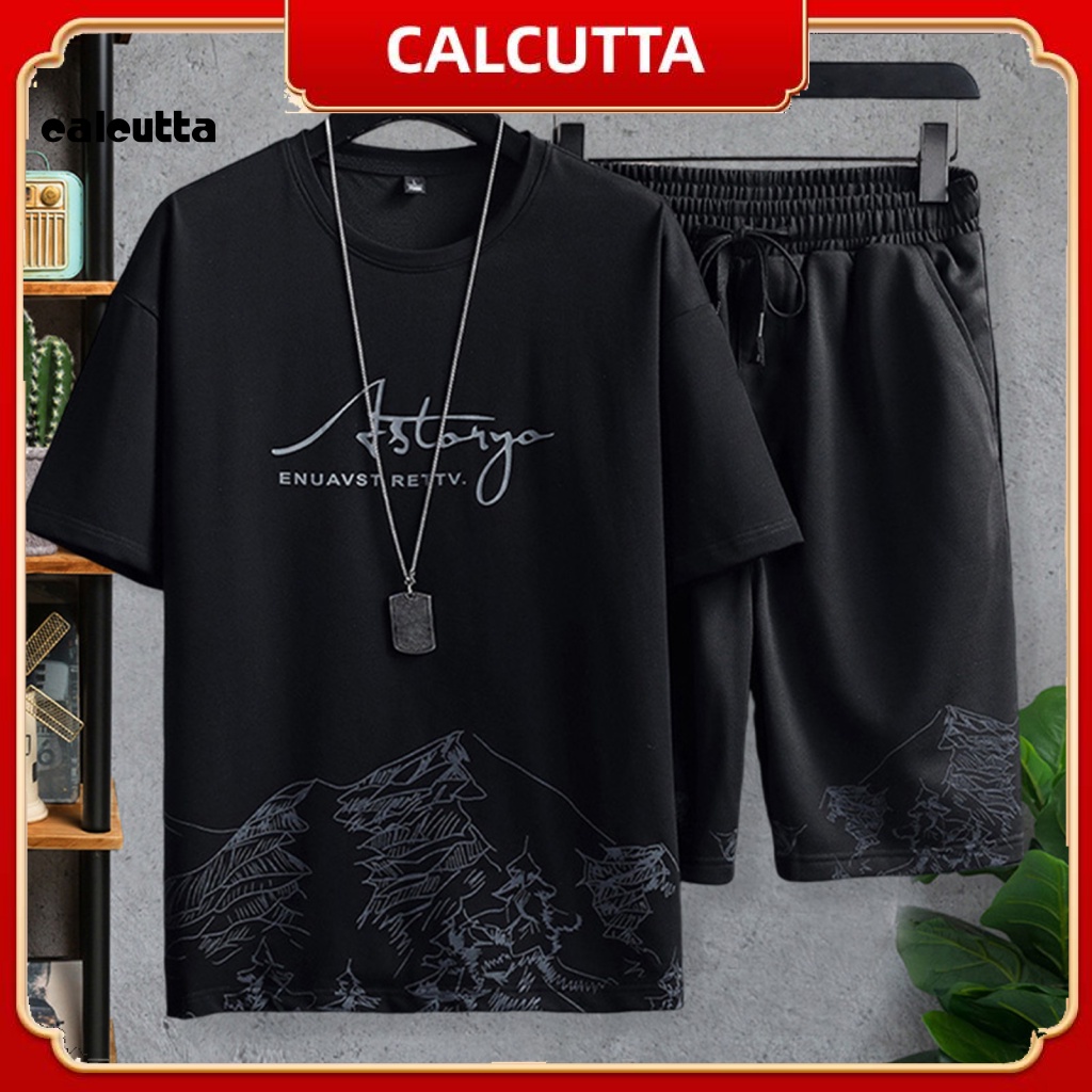 Set Đồ Thể Thao 2 Món Gồm Áo Thun Tay Ngắn Cổ Tròn + Quần Short Dáng Rộng Phối Dây Rút Co Giãn In Họa Tiết Núi