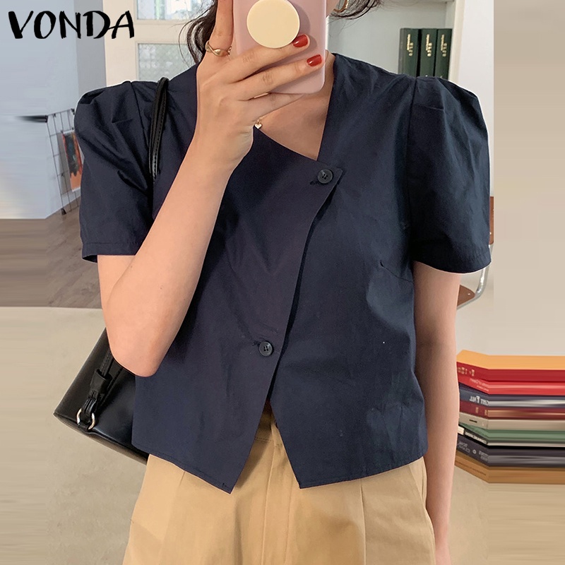Áo Sơ Mi Ngắn Tay Cổ Tròn Màu Trơn Cài Nút Đơn Giản Phong Cách Hàn Quốc Cho Nữ