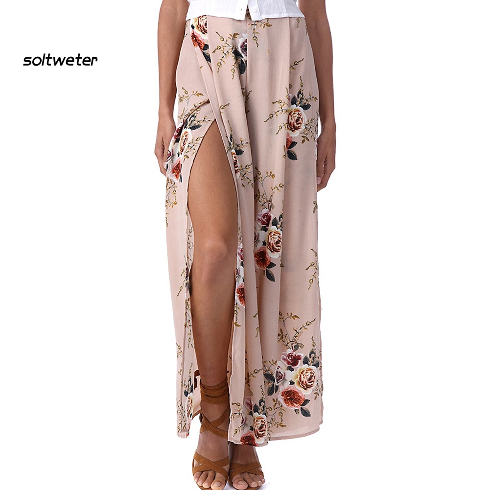 Quần Culottes Lưng Cao Ống Rộng Xẻ Tà In Họa Tiết Hoa Phong Cách Boho Thời Trang Đi Biển