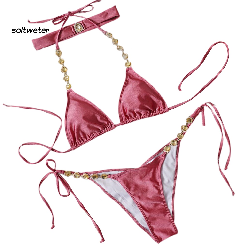 Bộ Đồ Bơi 2 Mảnh Màu Sắc Trơn Đính Đá Cổ Điển Tùy Chỉnh Thời Trang Quyến Rũ Cho Nữ
