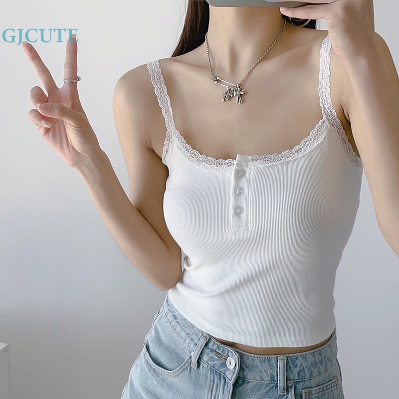 Áo Hai Dây Mỏng Mùa Hè Ghép Vải Ren Gợi Cảm Màu Trơn Cho Nữ WTD