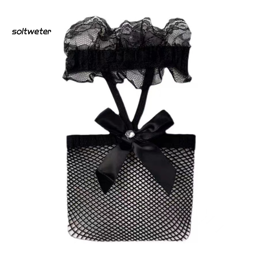 1 Đôi Tất Lưới Phối Ren Co Giãn Màu Trơn Đính Nơ Gợi Cảm