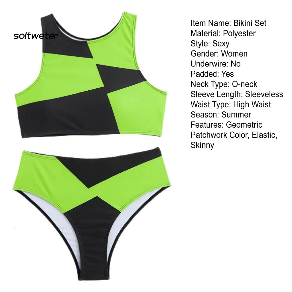 Bộ Bikini 2 Mảnh Cổ Tròn Lưng Cao Họa Tiết Hình Học Cho Nữ