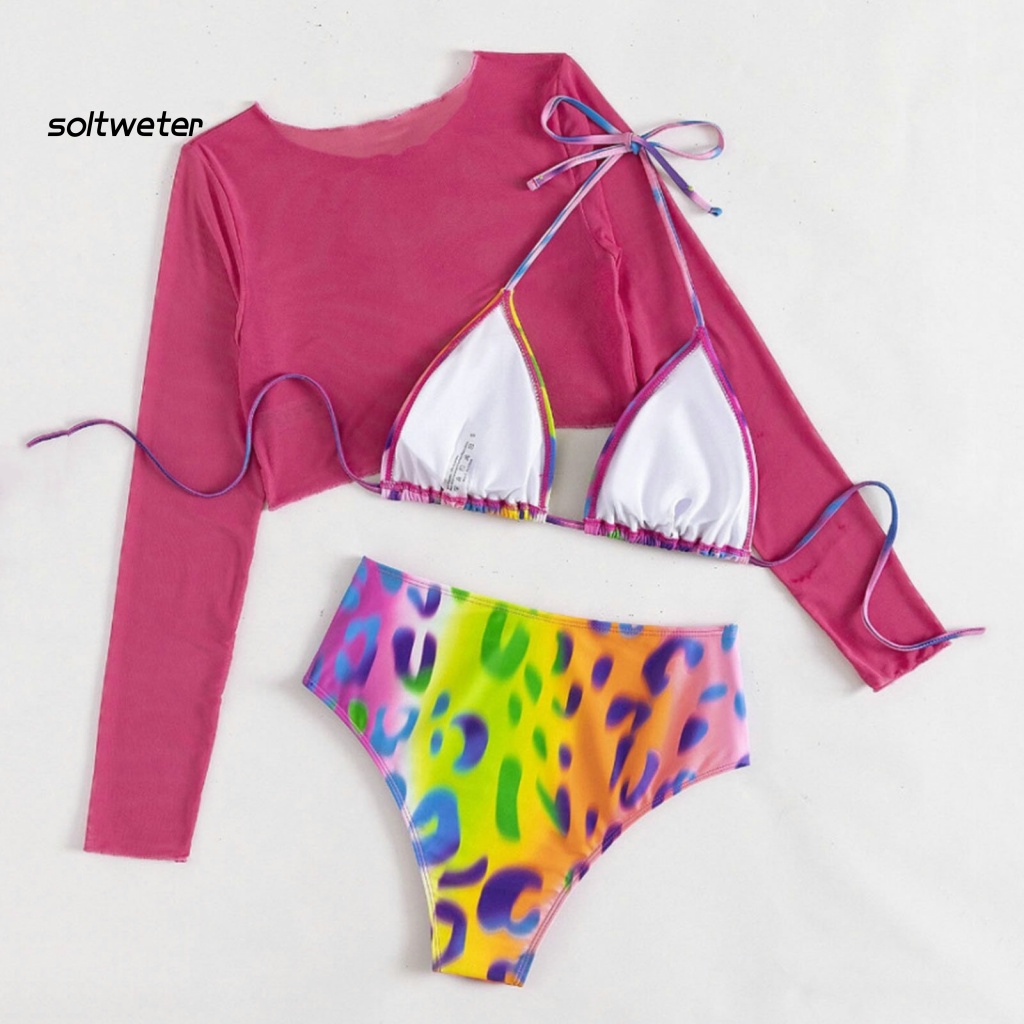 Bộ Đồ Bơi 3 Mảnh Gồm Áo Tay Dài Cổ Tròn Và Quần Lót Lưới Xuyên Thấu Chống Nắng In Họa Tiết Da Báo Cho Nữ